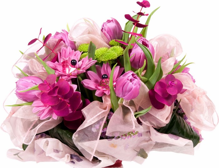 Pink and purple floral arrangement with ribbons