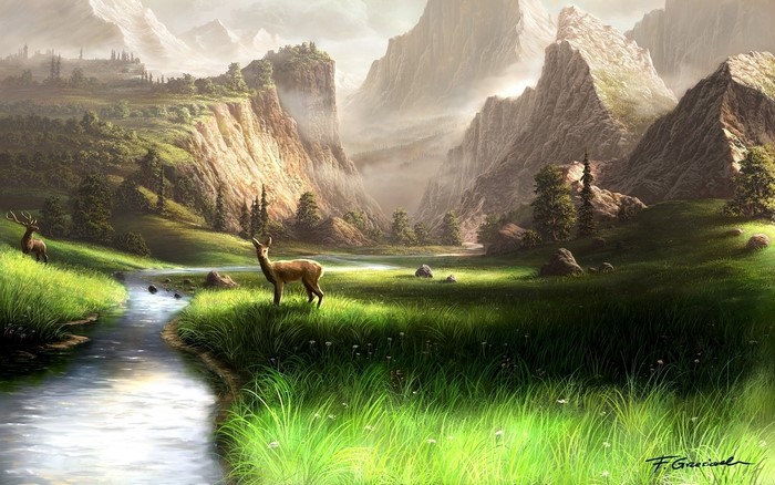 Deer in a mountain valley with a stream