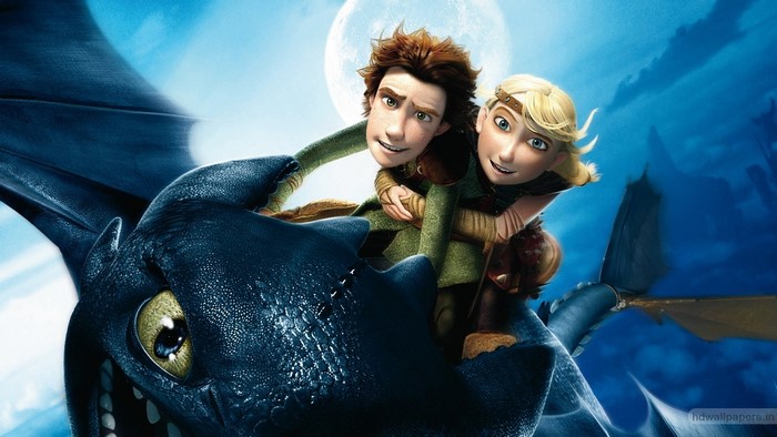 Hiccup and Astrid riding Toothless from How to Train Your Dragon