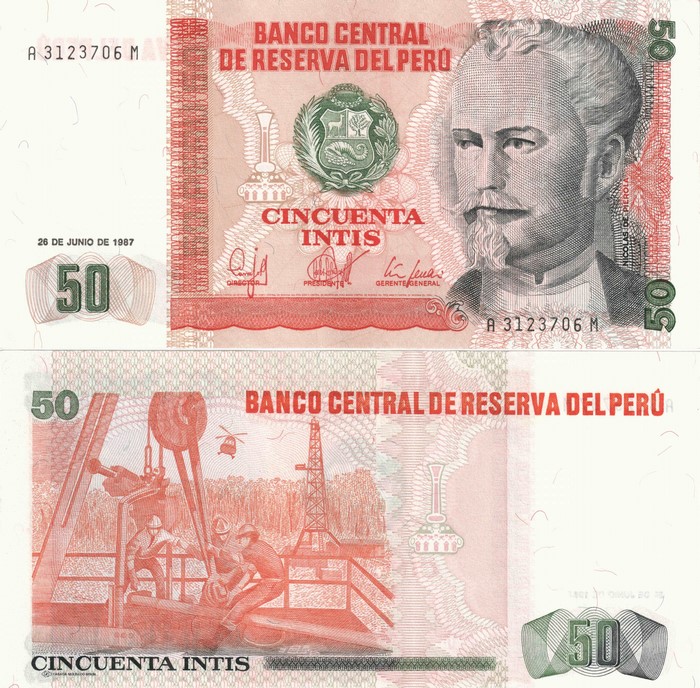 Peruvian 50 Intis banknote featuring Nicolas de Pierola