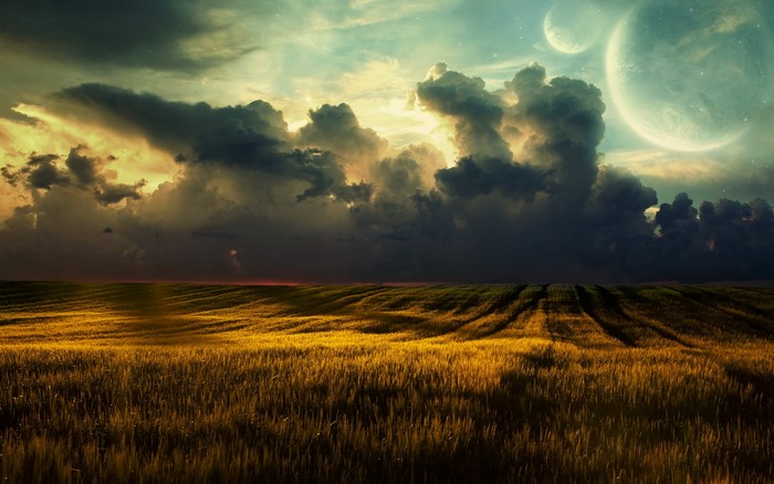 Golden Field Under Dramatic Sky with Two Moons