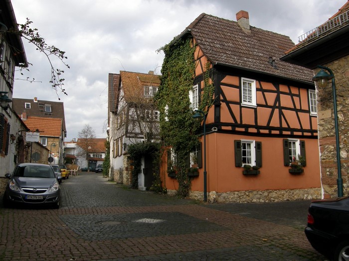 Half-timbered houses on a cobblestone street in Germany