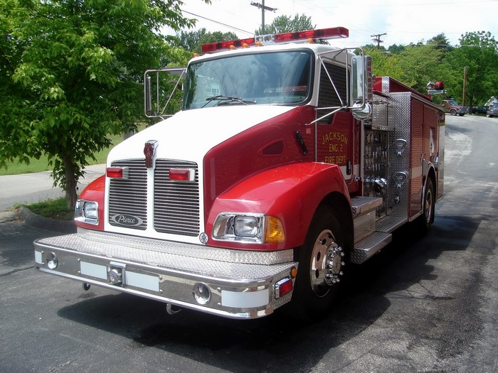 Red and white Pierce fire truck with "JACKSON ENG. 2 FIRE DEPT."
