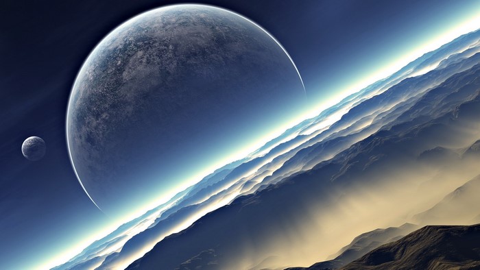 Alien planet surface with a large moon