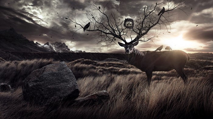 Deer with tree antlers and birds in a moody landscape