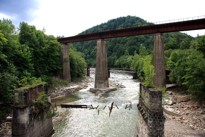 Old railway bridge over a river in a forest