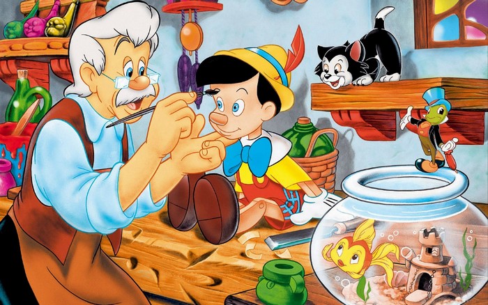 Pinocchio and Geppetto in workshop