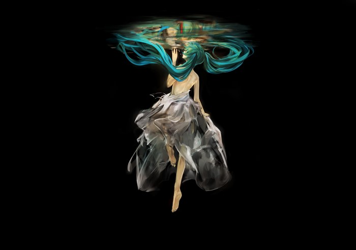 Hatsune Miku underwater with flowing dress