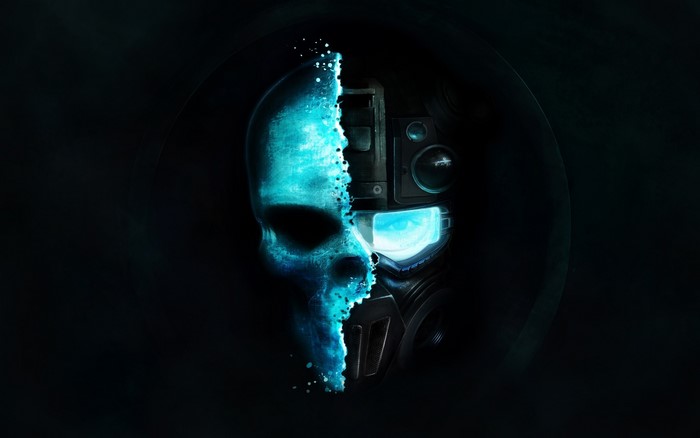 Half skull, half robotic mask
