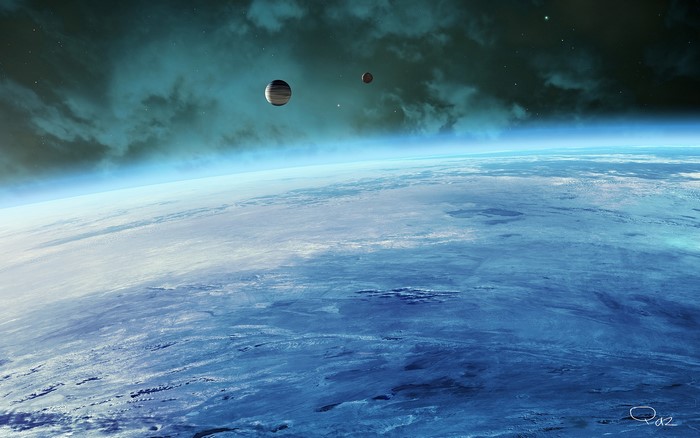 Planets and nebulae above a planet's surface