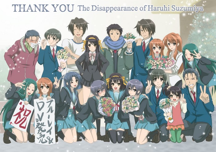 The Melancholy of Haruhi Suzumiya cast with flowers