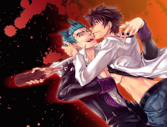Two men embracing, one holding a wooden weapon