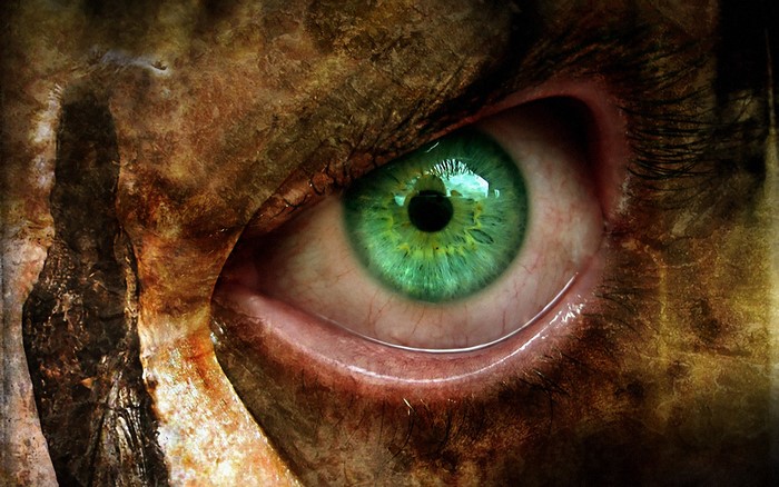Close-up of a green eye with textured skin