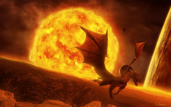 Dragon flying near a large sun