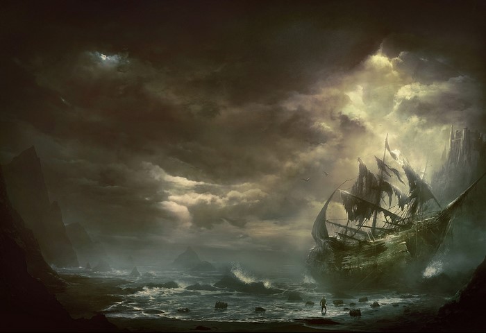 Apocalypse Shipwreck on a Rocky Shore
