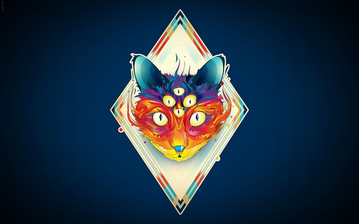 Psychedelic cat with multiple eyes in geometric frame