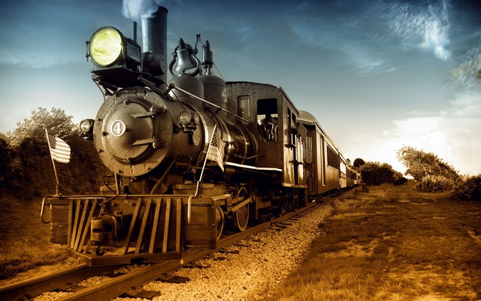 Vintage Steam Locomotive Number 4 with American Flags