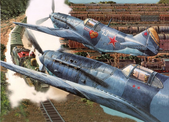 Two Soviet fighter planes flying over trains