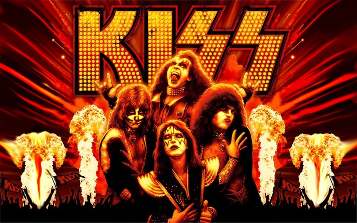 Kiss band members with explosions and crowd