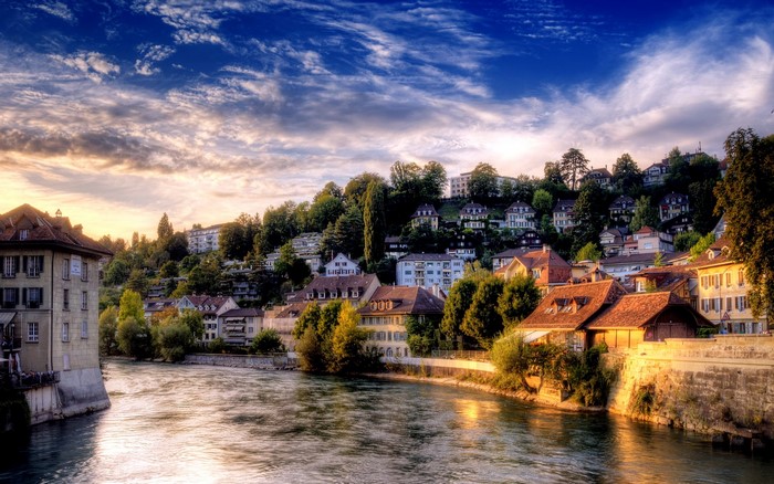 Bern, Switzerland cityscape with river