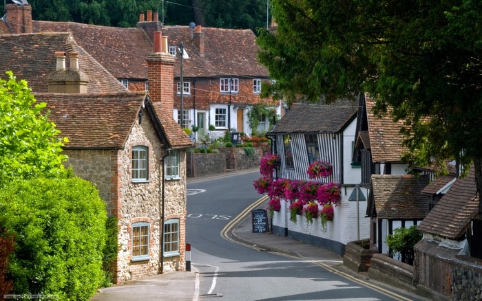 Village street with traditional houses in the United Kingdom