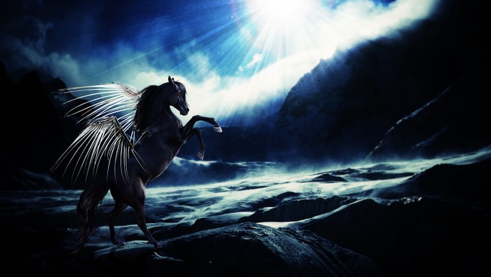 Black Pegasus rearing up in a stormy landscape