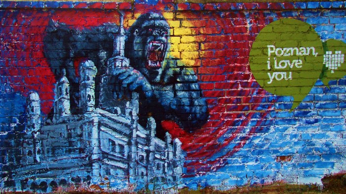 Graffiti of King Kong and Poznan, I Love You speech bubble