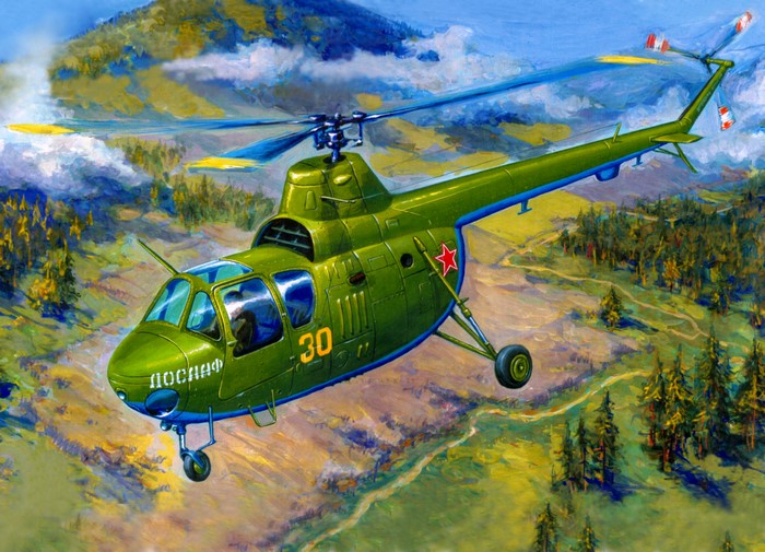 Green Helicopter Flying Over Forested Mountains