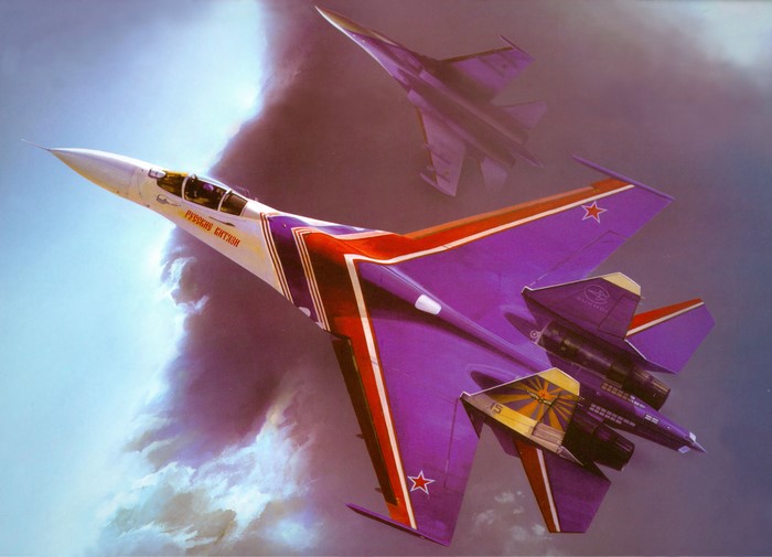 Two Russian Knights Sukhoi Su-27 fighter jets in flight