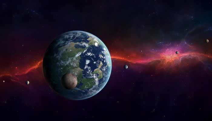 Earth and Moon in Space with Nebula
