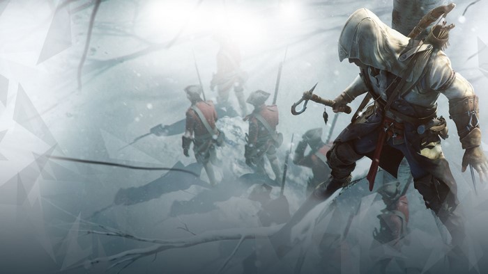 Connor from Assassin's Creed 3 in a snowy battle