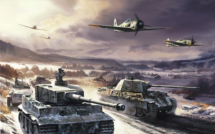 German tanks and aircraft in a winter landscape