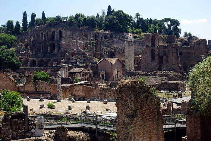 Ancient Roman ruins with columns and brick structures