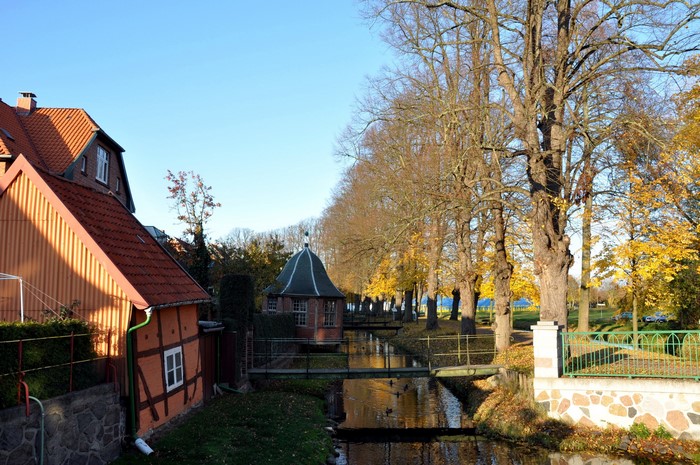 Houses and canal in Germany during autumn