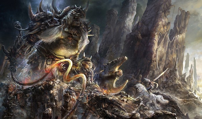 Giant monster battles a knight on horseback in a rocky landscape