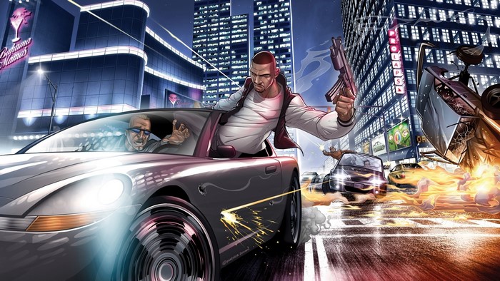 Niko Bellic from Grand Theft Auto IV in a car chase