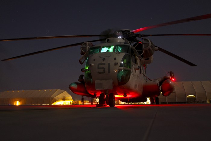 Helicopter 51 on tarmac at night