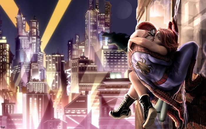 Spider-Man and Mary Jane kissing on a building