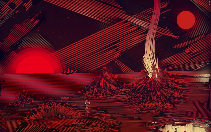 Abstract red landscape with two suns and a falling object