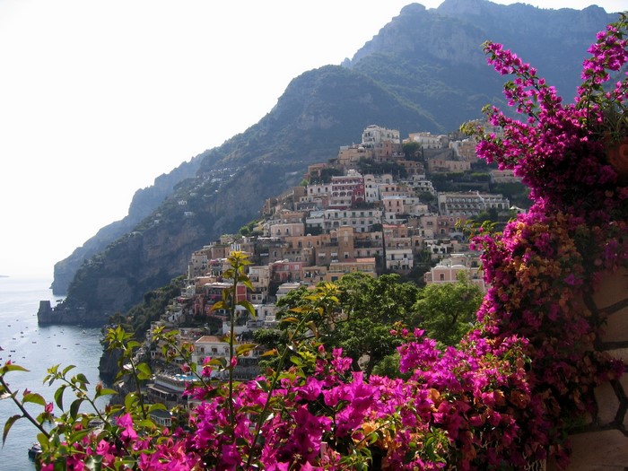 Positano, Italy, with flowers and mountains