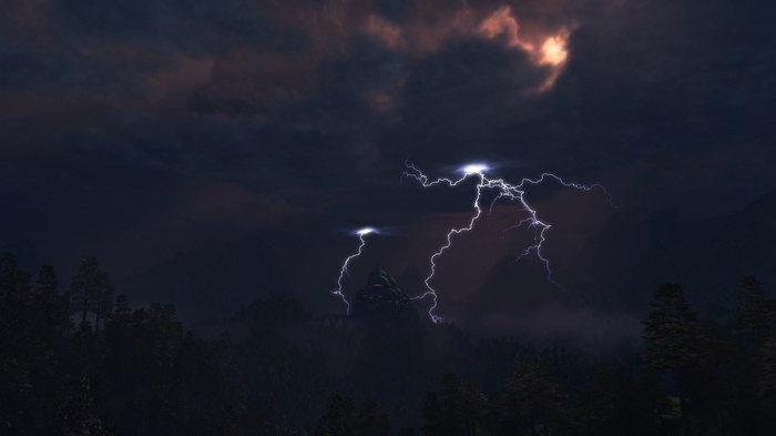Lightning strikes a dark forest with a castle