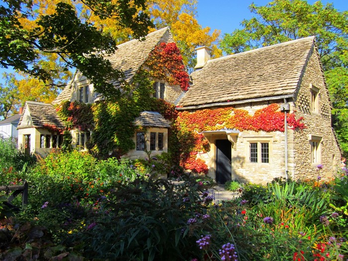 Stone cottage covered in autumn foliage