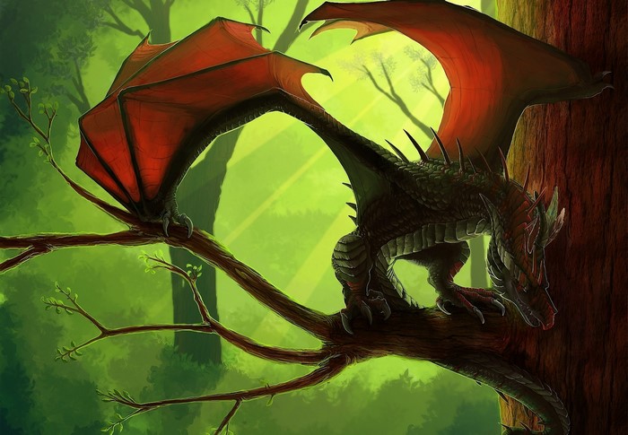 Dragon perched on a tree branch in a forest
