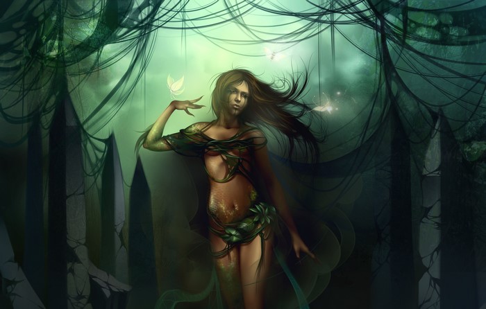 Fantasy woman with butterflies in a dark forest