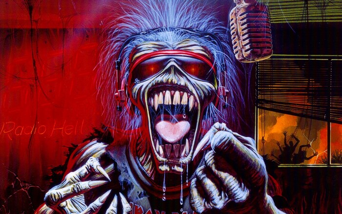 Eddie from Iron Maiden with headphones and microphone