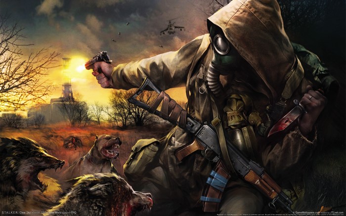 Stalker with gun and knife fighting mutants near power plant
