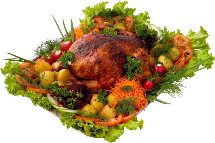 Roast chicken with potatoes and vegetables