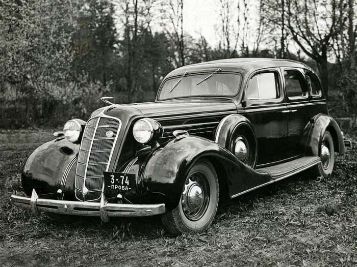 Black GAZ-M1 car with license plate 3-74