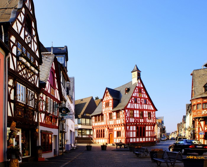 Half-timbered houses in a German town square