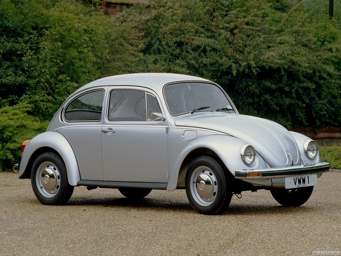 Silver 1973 Volkswagen Beetle parked on gravel